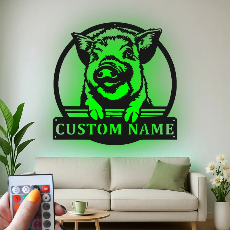 Custom Pig LED Metal Wall Art | Personalized Farmhouse Decor | Rustic Barn Sign for Farmers | Smiling Piglet Silhouette