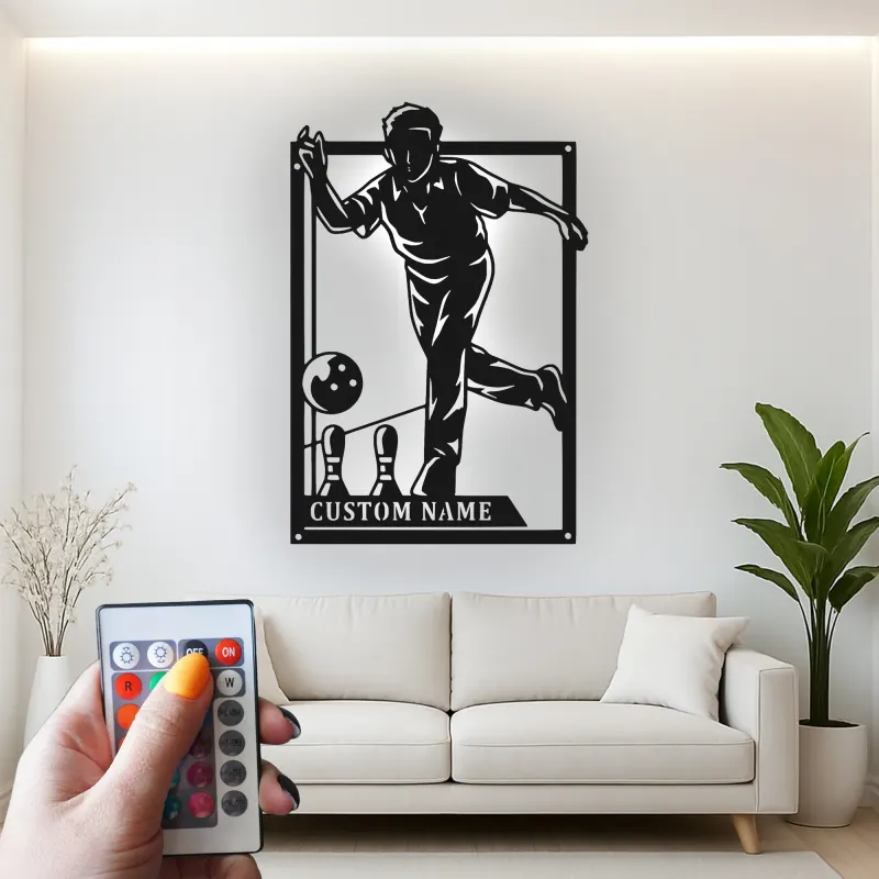 Insegna in metallo personalizzata con luce LED per giocatori di bowling - Regalo personalizzato per appassionati di bowling e decorazione per sale giochi