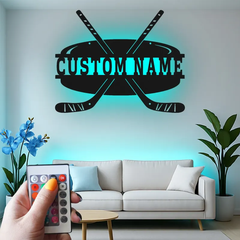 Insegna con Nome Personalizzato per Hockey con Luci LED | Insegna in Metallo Personalizzata | Regalo per Giocatori di Hockey per Stanza da Gioco e Decorazione per Camera da Letto