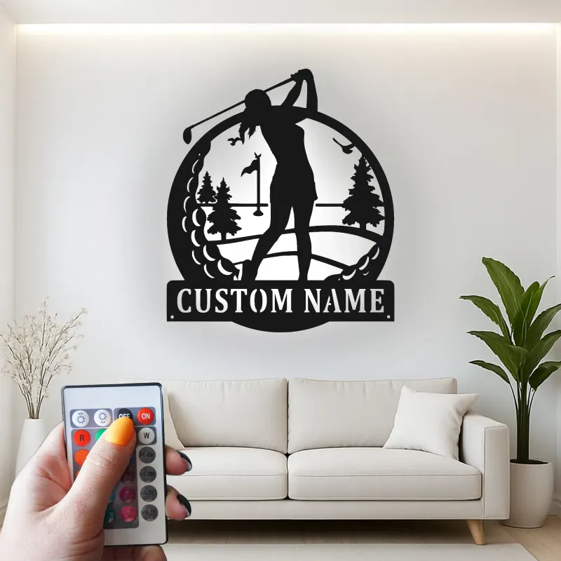 Personalisierte Golf-Schild mit LED-Beleuchtung | Metall-Wandkunst für das Spielzimmer | Golfer Geschenk für Ihn oder Sie