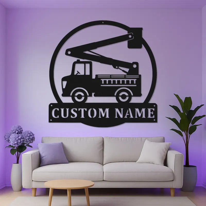 Panneau camion de pompiers personnalisé | Décoration murale LED personnalisée pour pompier | Décor de caserne et chambre d’enfant