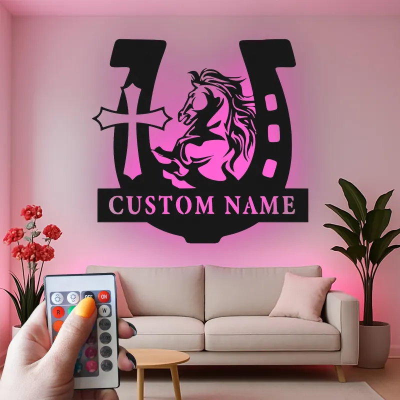 Personalized Horse & Cross LED Sign | Custom Horseshoe Metal Wall Art | Equestrian Gift for Rider | Barn, Stable & Ranch Decor
