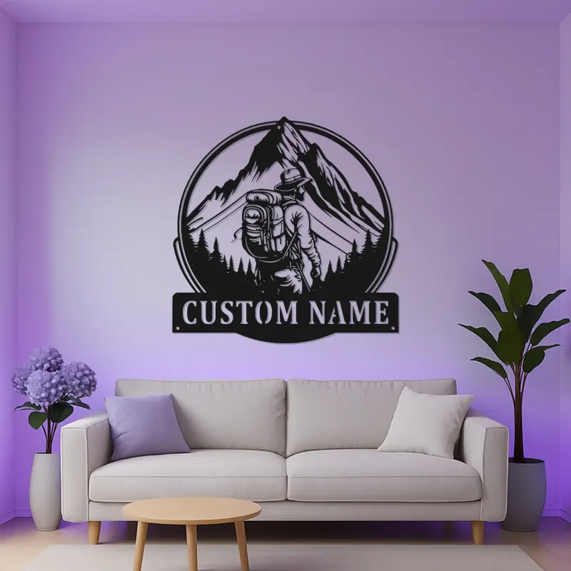 Custom Hiker Metal Wall Art | Personalized LED Light Sign for Mountain Decor | Outdoor Adventure Gift for Nature Lovers