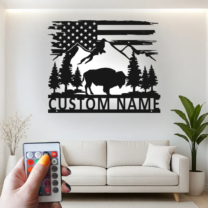 Custom Bison and Mountains Led Light Metal Wall Art Personalized Nature Lover Gift Rustic Cabin Decor