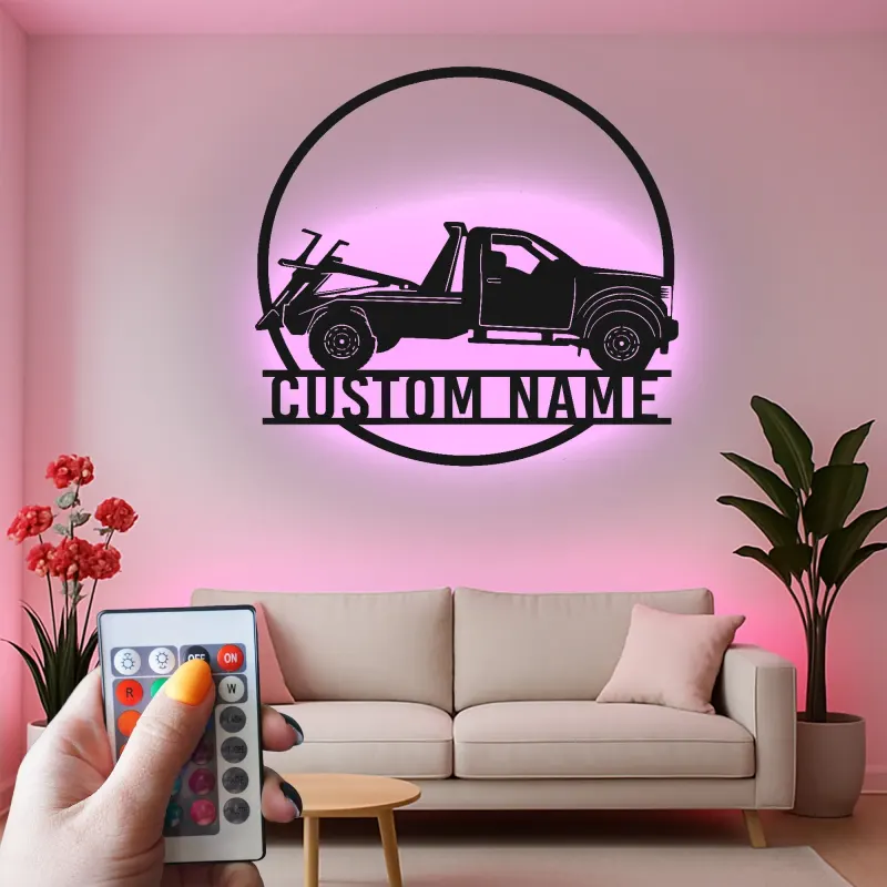 Panneau LED personnalisé pour dépanneuse | Décoration murale en métal pour garage | Cadeau décoratif pour mécanicien ou propriétaire d'entreprise
