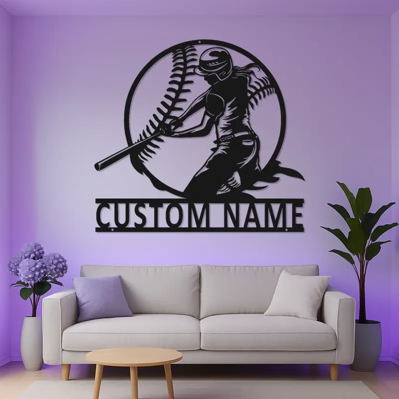Cartel de metal personalizado de jugadora de softball | Arte mural LED para habitación de chicas | Decoración deportiva con nombre personalizado | Regalo para atleta femenina