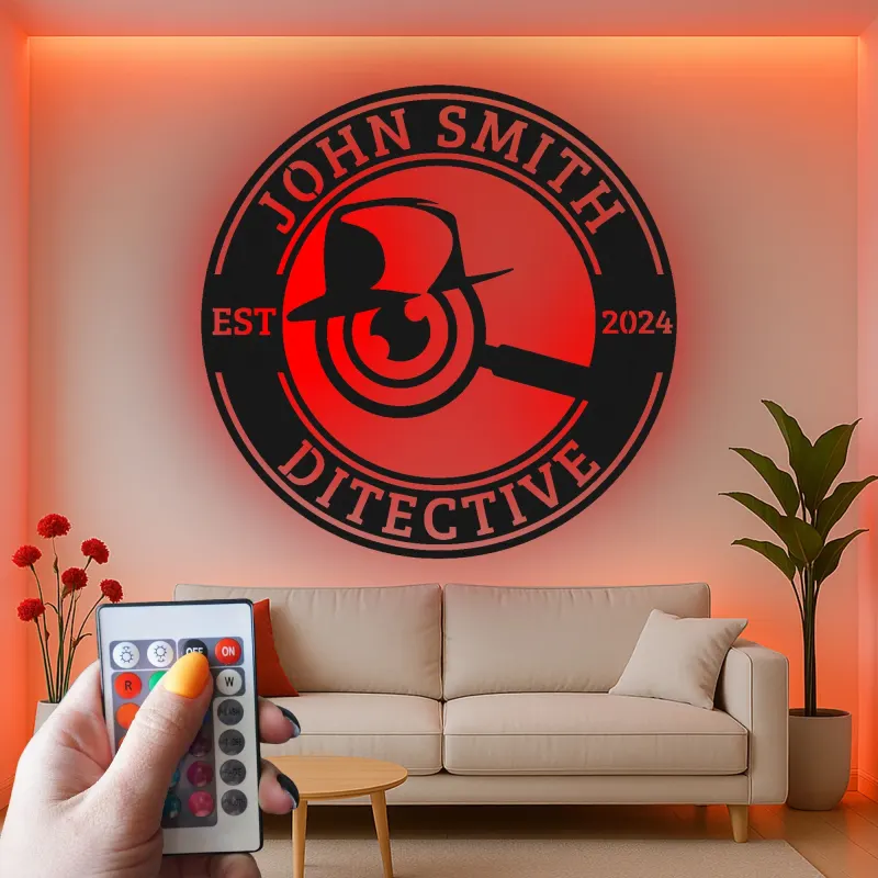 Cartel de metal LED de placa de detective, regalo único para amantes del misterio, decoración de oficina o estudio