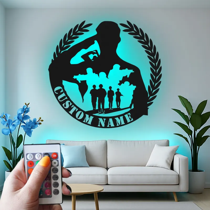 Panneau LED Soldat Saluant | Hommage Militaire Personnalisé | Décoration de Nom de Vétéran sur Mesure | Art Murale Patriotique