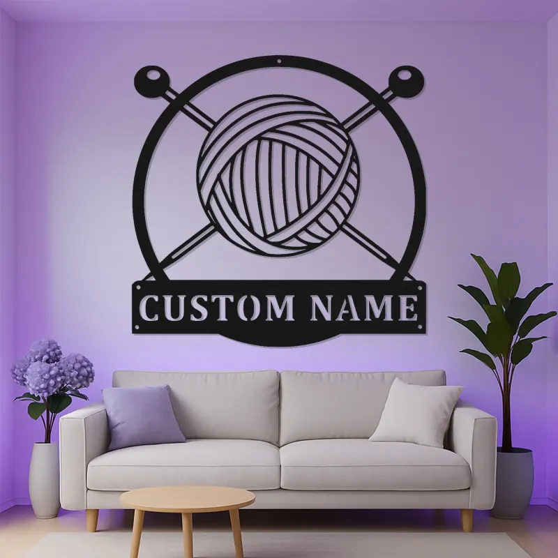 Plaque Métallique Personnalisée Pelote de Laine | Cadeau pour Tricoteur | Décor LED pour Atelier | Art Mural Tricot