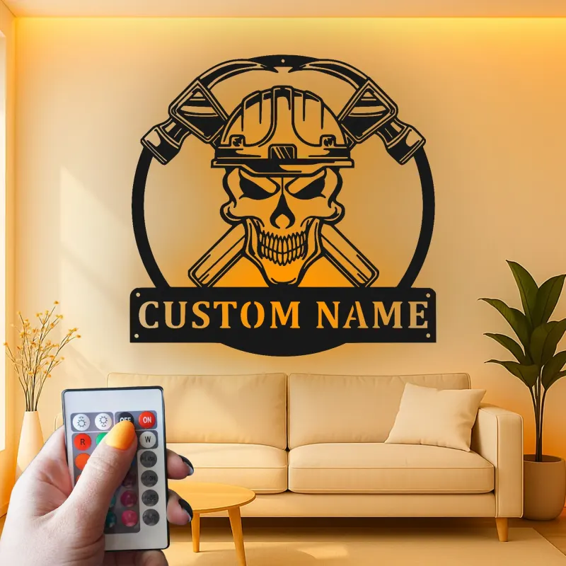 Cartel de metal LED de calavera de bombero | Decoración mural personalizada de bombero | Decoración personalizada para estación de bomberos y cueva de hombres