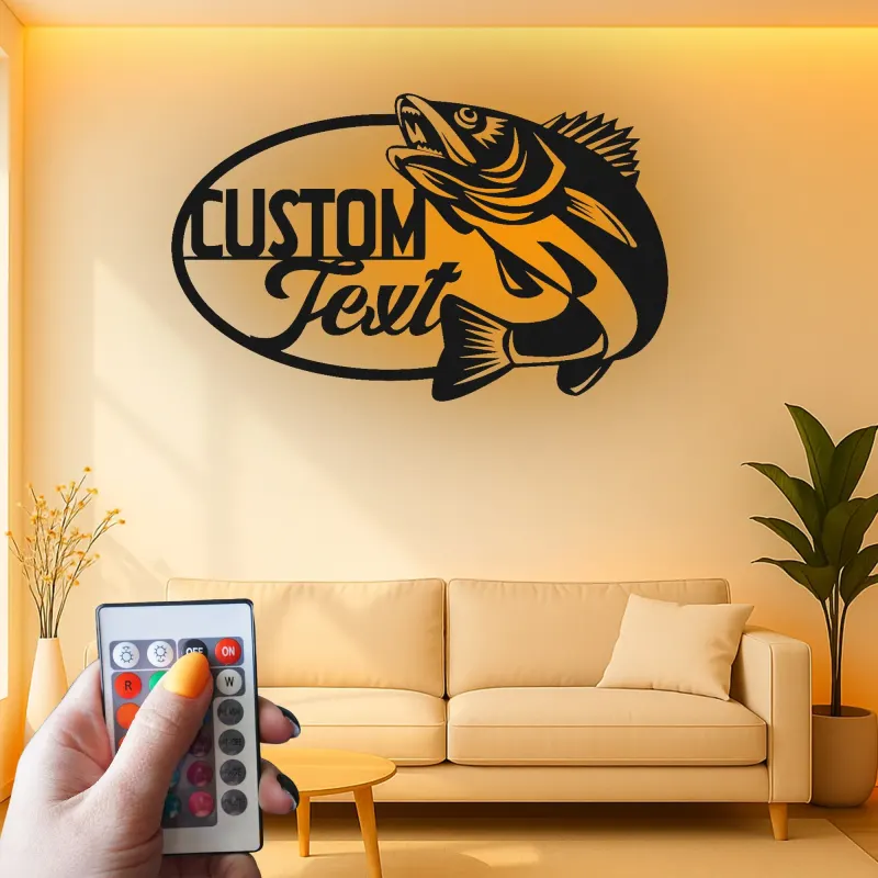 Enseigne de pêche sur mesure en métal | Décor LED avec prénom de pêcheur | Décoration rustique pour maison de lac, chalet et man cave
