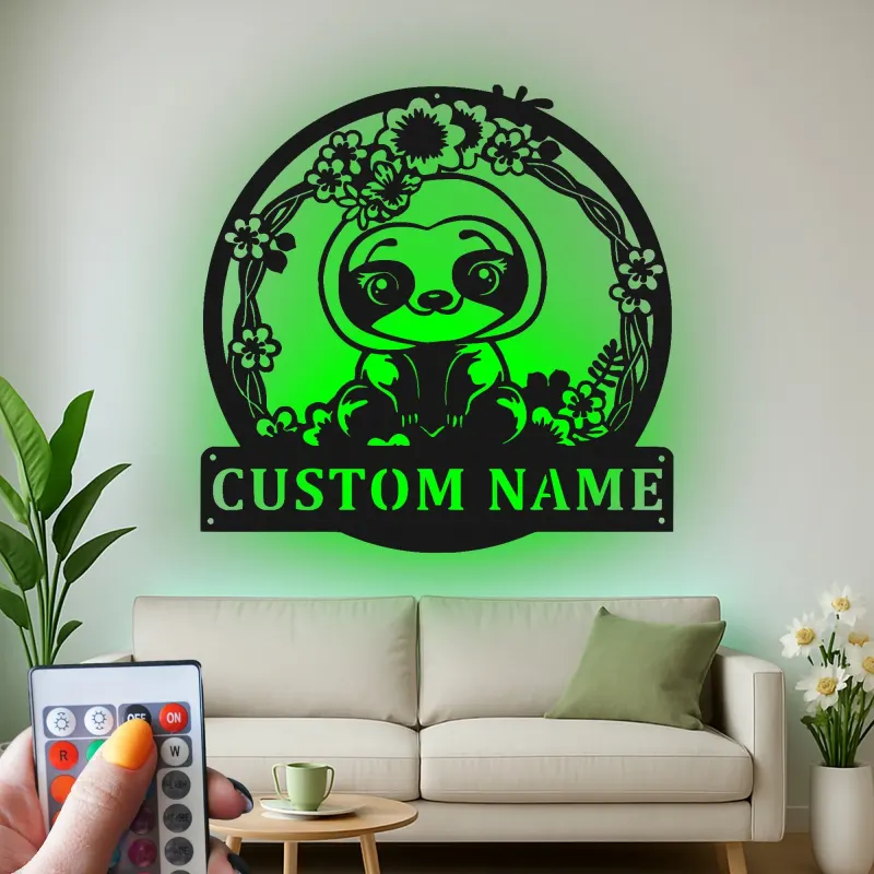 Custom Sloth Led Light Metal Wall Art Personalized Gift for Kids Nursery Animal Decor
