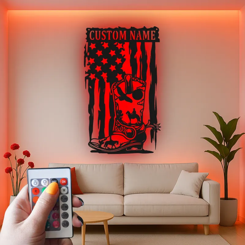 Personalisierte Cowboy-Stiefel LED-Metall-Wandkunst – Western-Geschenk für Ihn, rustikale Man-Cave-Deko