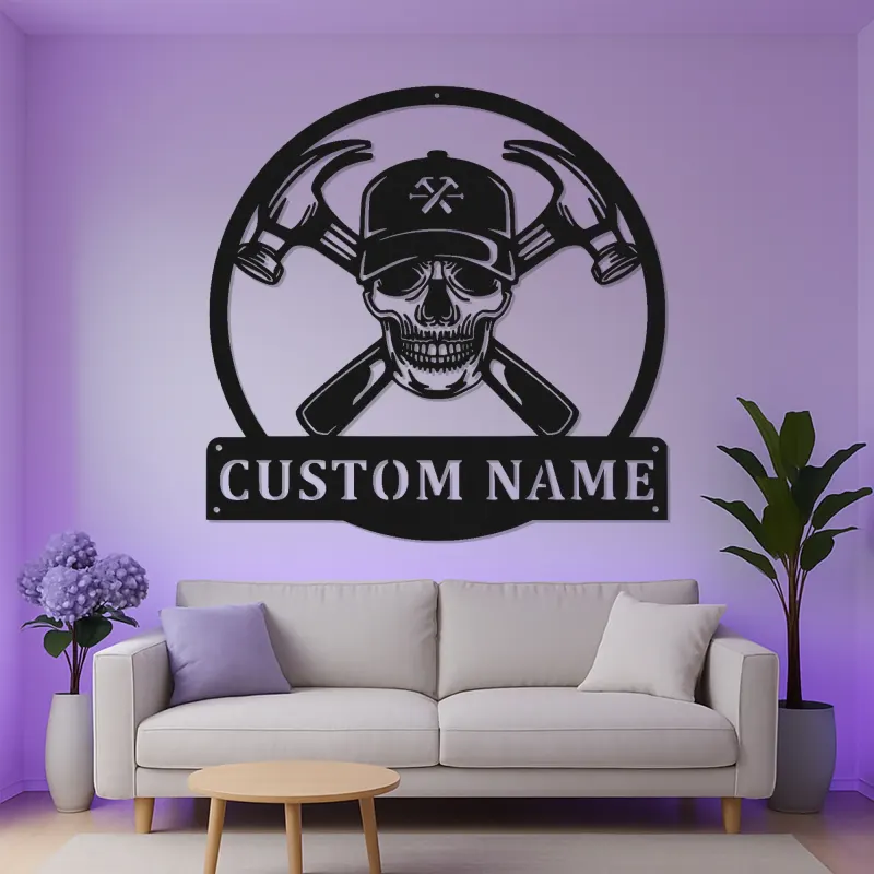 Custom Skull Hammer Metal Sign | LED Workshop Decor for Garage | Personalized Carpenter Name Plaque | Handyman Gift