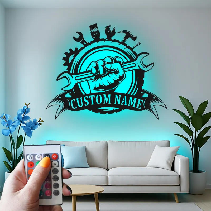 Custom Mechanic Tools Led Light Metal Wall Art Personalized Gift for Him Garage Workshop Decor