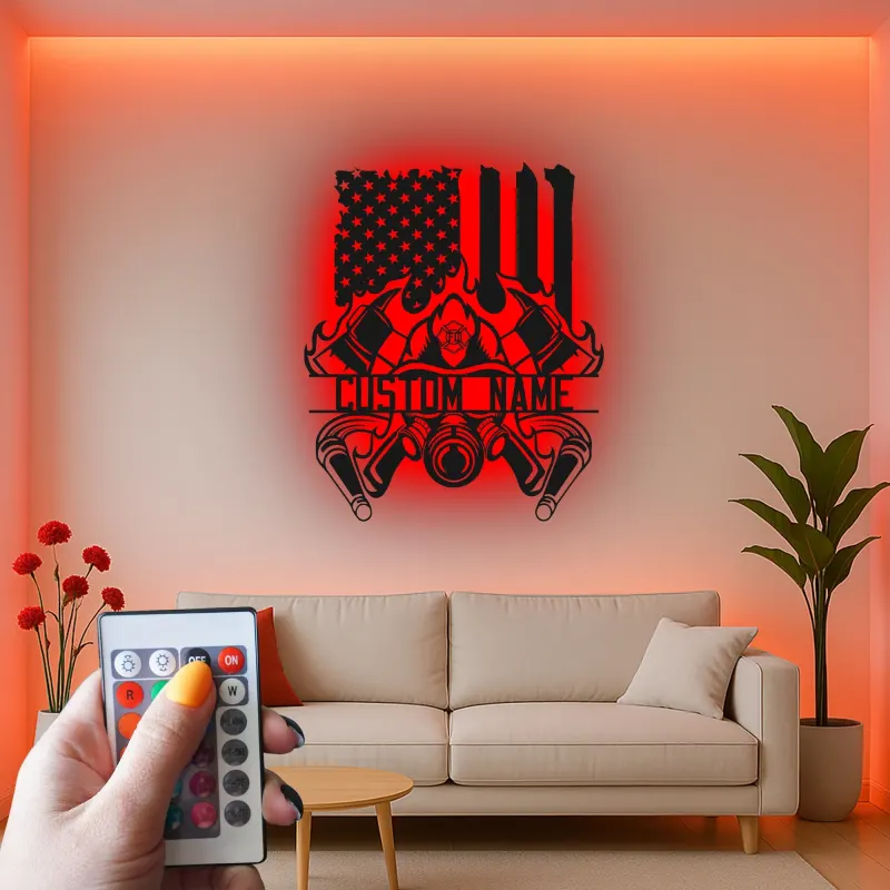Panneau LED Personnalisé pour Pompier | Décoration Murale en Métal Personnalisée | Cadeau Patriote avec Drapeau Américain pour Pompier | Décor de Caserne de Pompiers