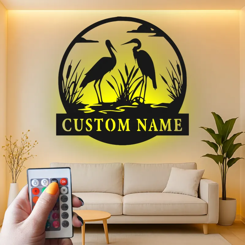 Personalized Heron Metal Wall Art | LED Backlit Wildlife Sign | Custom Lake House & Cabin Decor | Nature Lover Gift