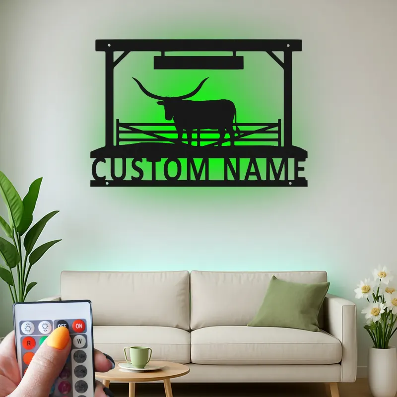 Texas Longhorn Metal Wall Art | Custom Ranch Sign with LED Lights | Personalized Farmhouse Decor for Cattleman