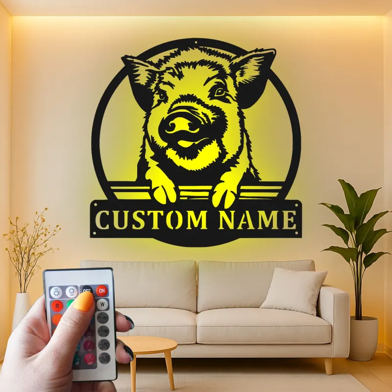 Custom Pig LED Metal Wall Art | Personalized Farmhouse Decor | Rustic Barn Sign for Farmers | Smiling Piglet Silhouette