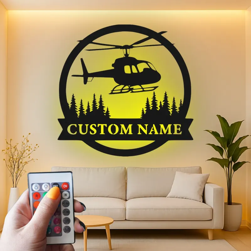 Personalized Helicopter Metal Wall Art | LED Lighted Aviation Decor | Custom Name Sign for Pilot Gift, Office & Man Cave