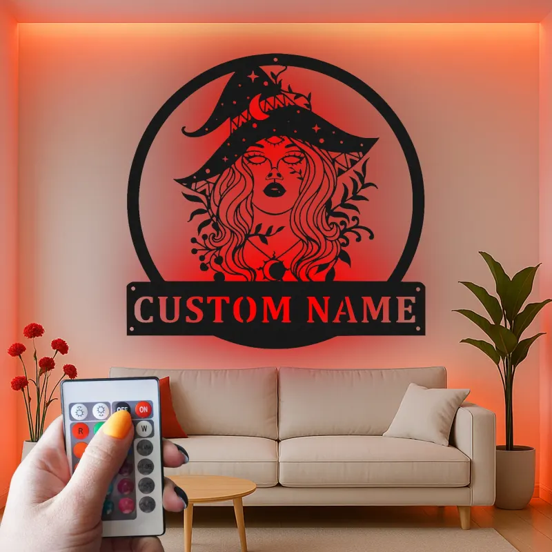 Cartel de metal personalizado con luz LED de bruja Regalo de Halloween personalizado Decoración encantadora para brujas