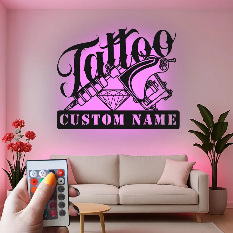 Cartel LED de máquina de tatuaje personalizado | Decoración mural de metal personalizada para estudio | Regalo para artista del tatuaje