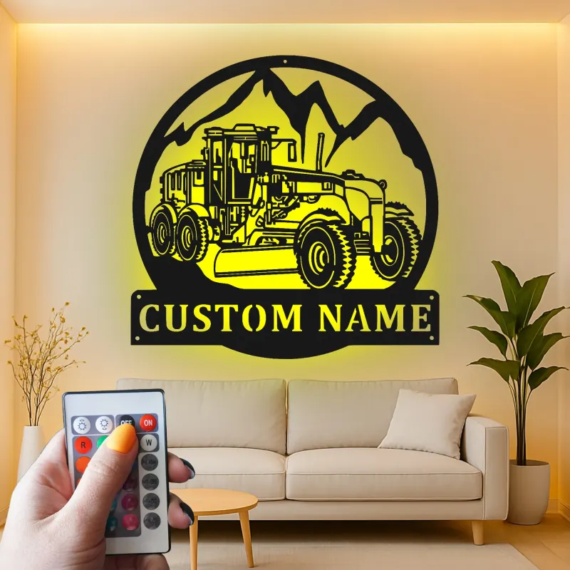 Custom Road Grader Led Light Metal Wall Art Personalized Gift for Construction Enthusiasts Garage or Office Decor
