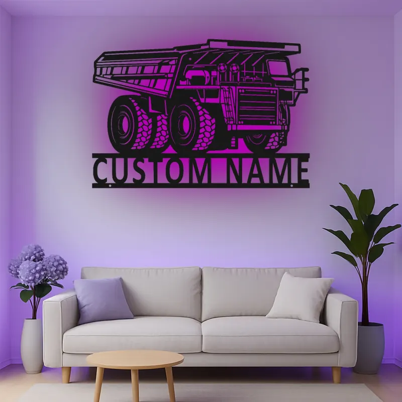 Insegna in metallo LED personalizzata a tema camion ribaltabile per appassionati di costruzione, regalo per garage o ufficio