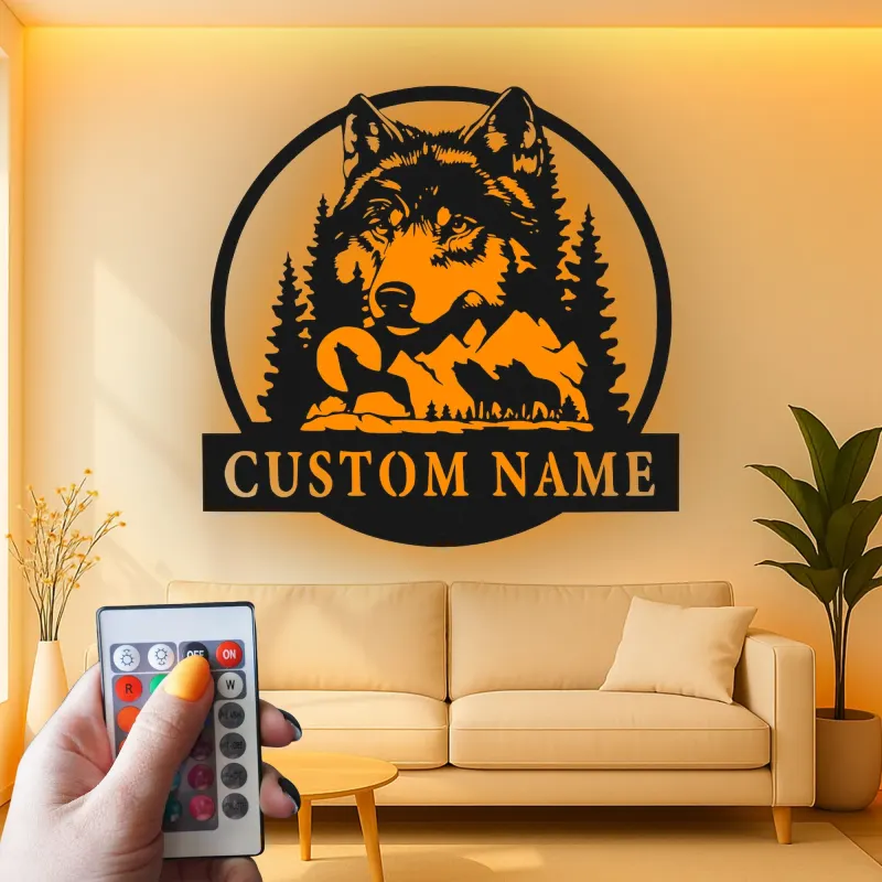 Cartel de metal personalizado con luz LED de lobo y bosque, regalo de vida salvaje personalizado para amantes de la naturaleza, decoración para cabañas