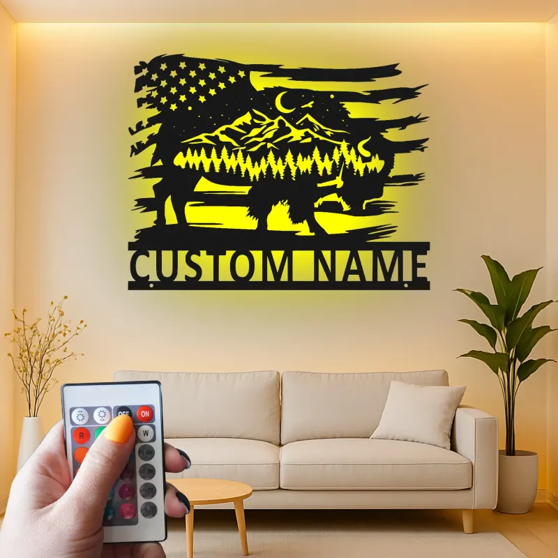 Custom Buffalo American Flag Led Light Metal Wall Art Unique Gift for Nature Lovers Rustic Living Room Decor