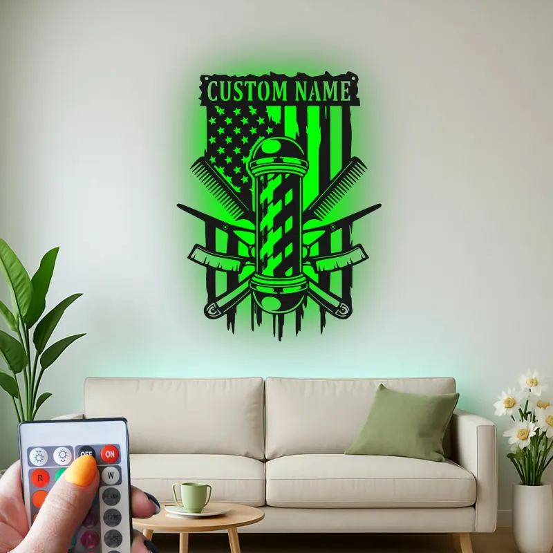 Cartel de metal LED personalizado de barbero con luz, regalo para barberías, decoración de salón para peluqueros