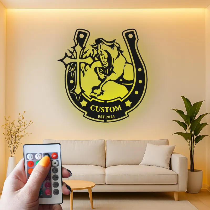 Custom Horse LED Metal Sign | Personalized Horseshoe Cross Wall Art | Equestrian Ranch Decor for Horse Lovers
