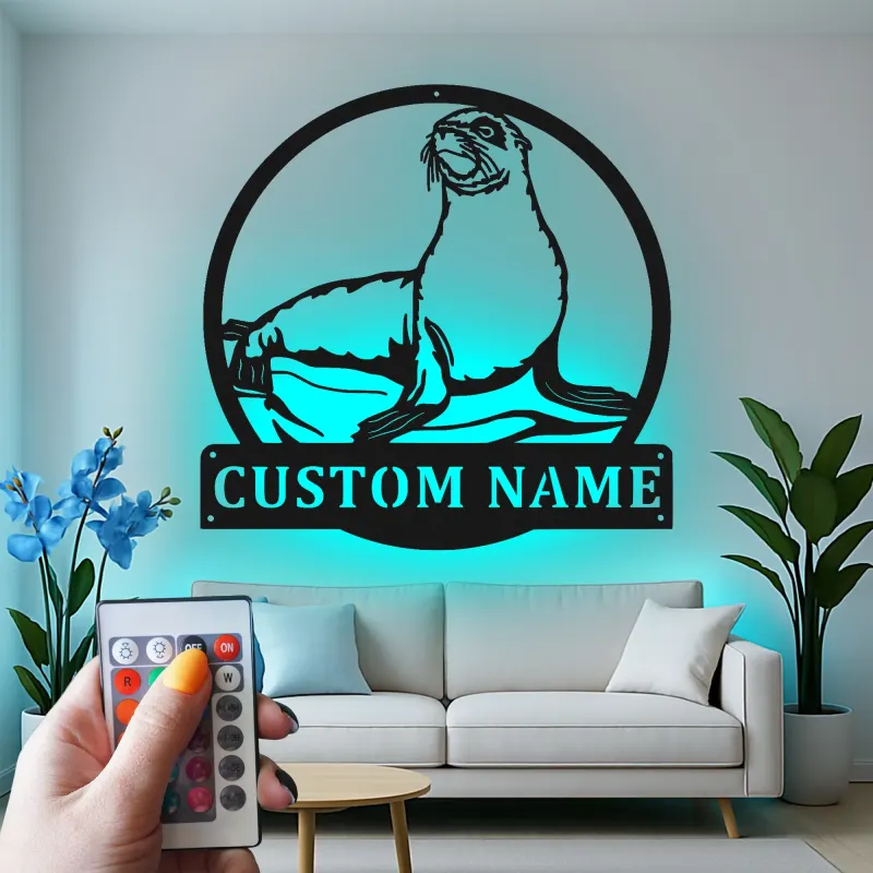 Custom Sea Lion Metal Wall Art | LED Light Nautical Decor | Personalized Ocean Lover Gift | Marine Life Name Sign