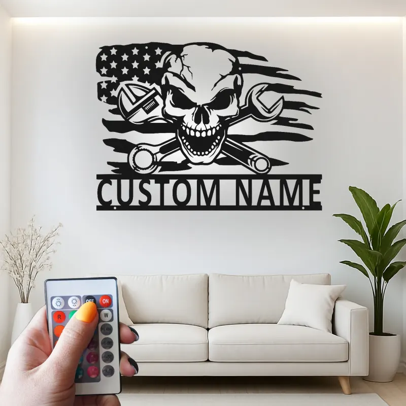 Panneau de garage mécanicien personnalisé | Art mural en métal crâne avec LED | Décor de cave à vin avec drapeau américain | Cadeau pour lui