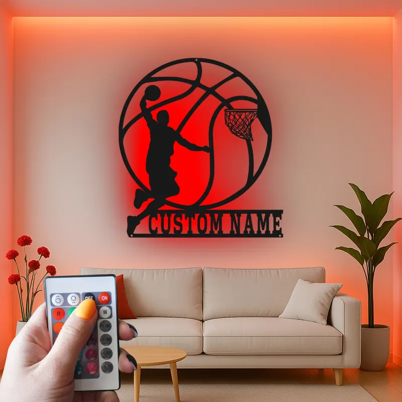 Custom Basketball Player Led Light Metal Wall Art Personalized Sports Gift for Athletes Game Room Decor 1
