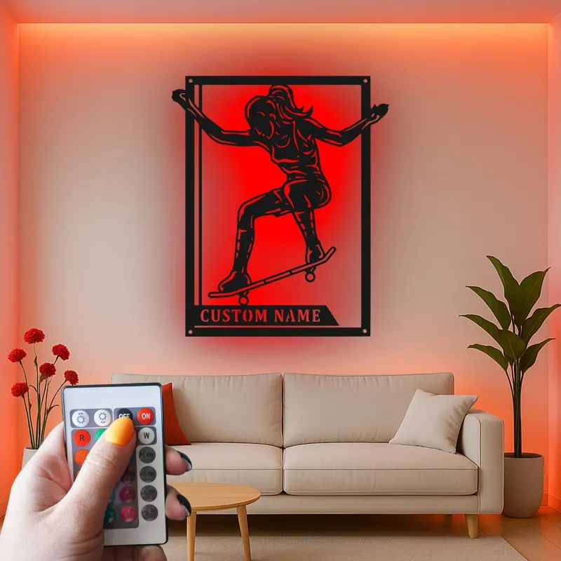 Panneau personnalisé de skateur féminin | Art mural en métal LED pour chambre d'adolescent | Décor de nom de skateur personnalisé | Cadeau pour sports d'action