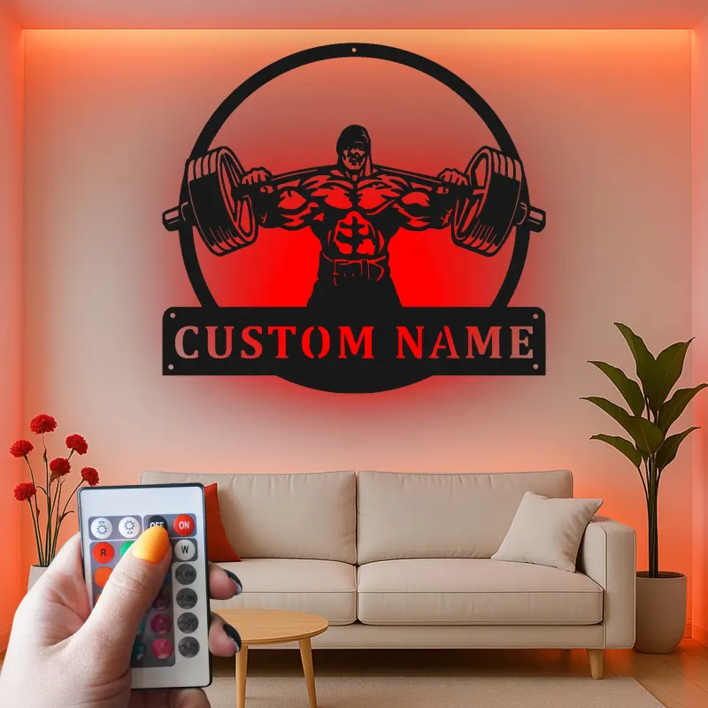Custom Bodybuilder Weightlifting Led Light Metal Wall Art Gym Decor Gift for Fitness Enthusiasts Home Gym Wall Accent