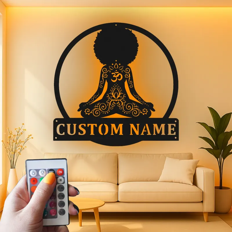 Custom Meditating Woman Led Light Metal Wall Art Yoga Lover Gift Zen Room or Meditation Space Decor