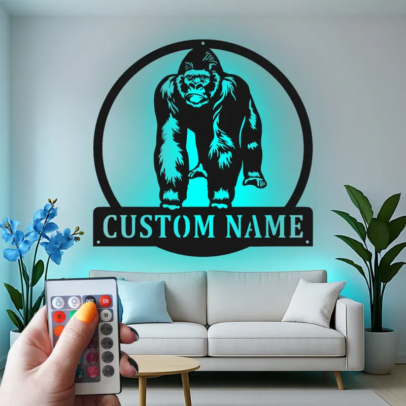 Personalisiertes Gorilla-Metallschild | Individuelles LED-Namensschild | Dschungel-Tierdekoration für Büro & Wohnakzent