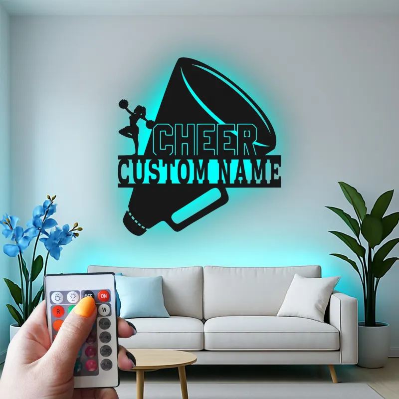 Custom Cheerleader Megaphone Led Light Metal Wall Art Cheer Gift for Teen Girls Bedroom Sports Decor