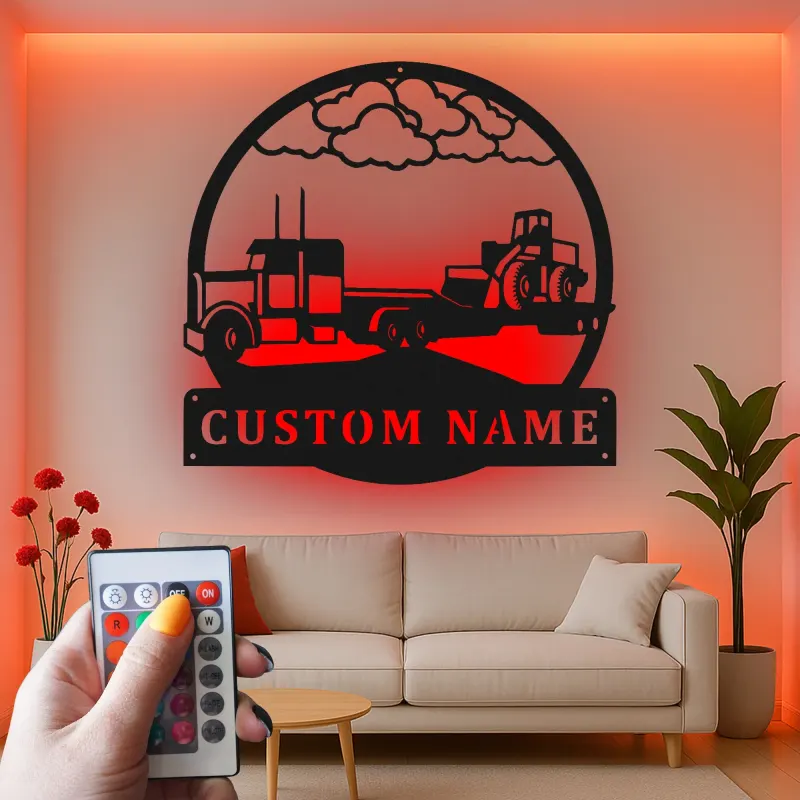 Custom Semi Truck Metal Art | Personalized LED Name Sign for Trucker | Farmhouse & Industrial Wall Decor | Gift for Driver