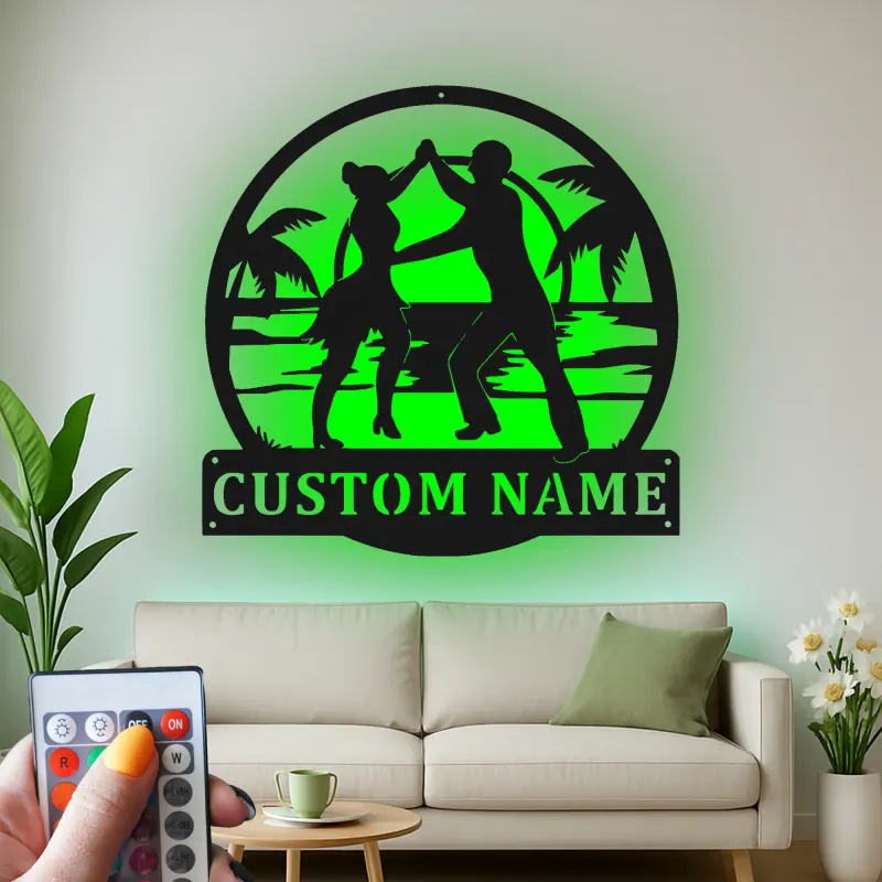 Cartel de metal personalizado con pareja de baile y luz LED, regalo personalizado para bailarines, decoración para salón o playa