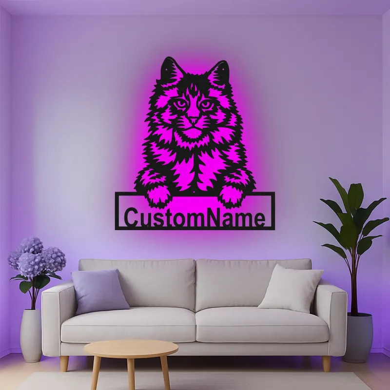Custom Maine Coon Cat Led Light Metal Wall Art Personalized Pet Lover Gift Bedroom or Living Room Decor