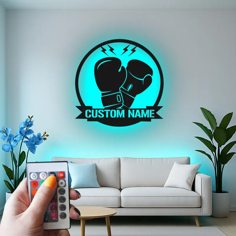 Cartel de metal LED de guantes de boxeo personalizado regalo para boxeadores, gimnasio o decoración de cueva de hombre 2