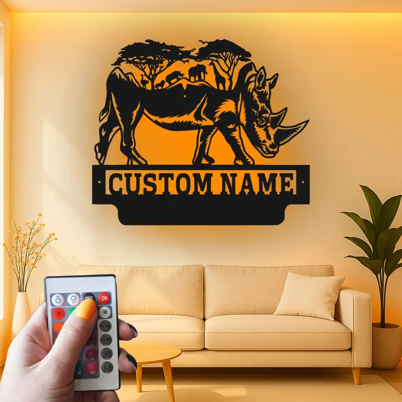 Custom Rhino Safari Led Light Metal Wall Art Personalized Wildlife Gift Living Room or Office Decor 1