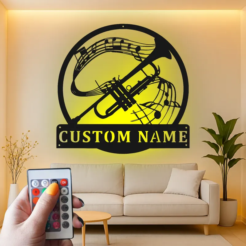 Insegna in metallo personalizzata con note musicali e LED per tromba - Regalo per musicisti - Decorazione per sala musica