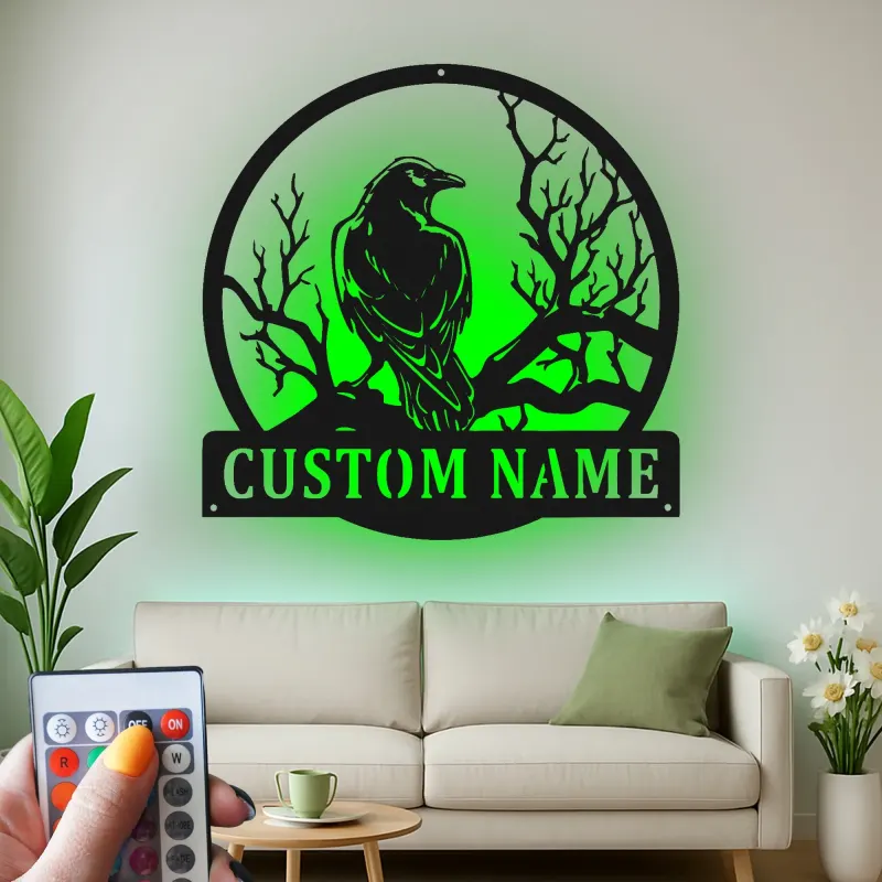 Insegna in metallo Raven | Insegna LED personalizzata per decorazioni gotiche | Regalo per amanti degli uccelli | Decorazione di Halloween per casa e ufficio