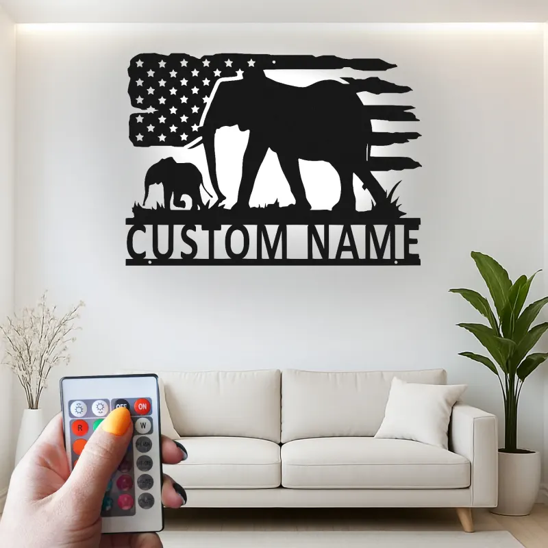 Décoration murale en métal personnalisée Elephant Family avec rétroéclairage, cadeau personnalisé pour les amoureux de la faune