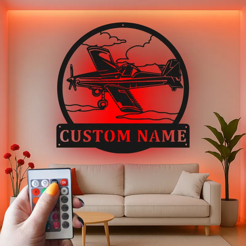 Décoration murale en métal personnalisée avec lumière LED d'avion - Cadeau d'aviation pour pilote, décoration de hangar pour passionnés d'aviation