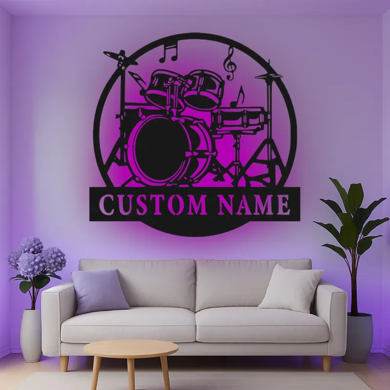 Décoration murale en métal LED personnalisée pour batteur - Cadeau musicien - Décor de salle de musique